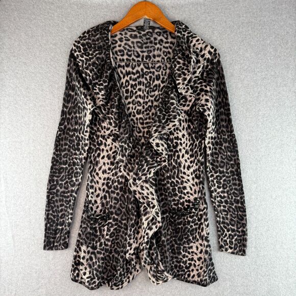 Y2K Leopard Print Black/White Long Sleeve Cardigan Ruffled Collar Size M - Picture 5 of 7